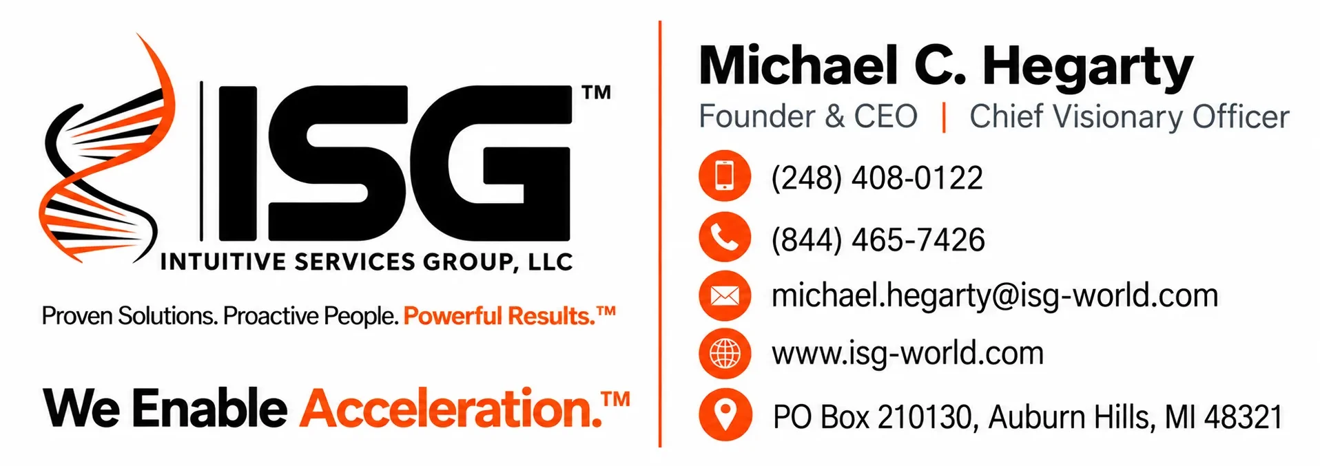 Business card for Michael Hegarty, Founder & CEO of Intuitive Services Group, featuring contact details and company branding.